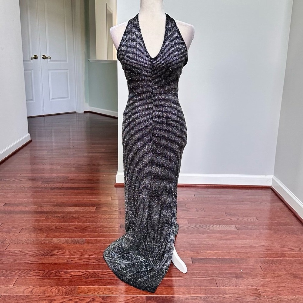 Morgan & Co Sparkly Black Grey Glitter Halter Neck Maxi Gown Dress Size Medium